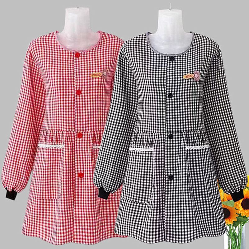 围裙厨房家用女士纯棉前开扣长袖罩衣成人上班时尚耐脏工作服外穿