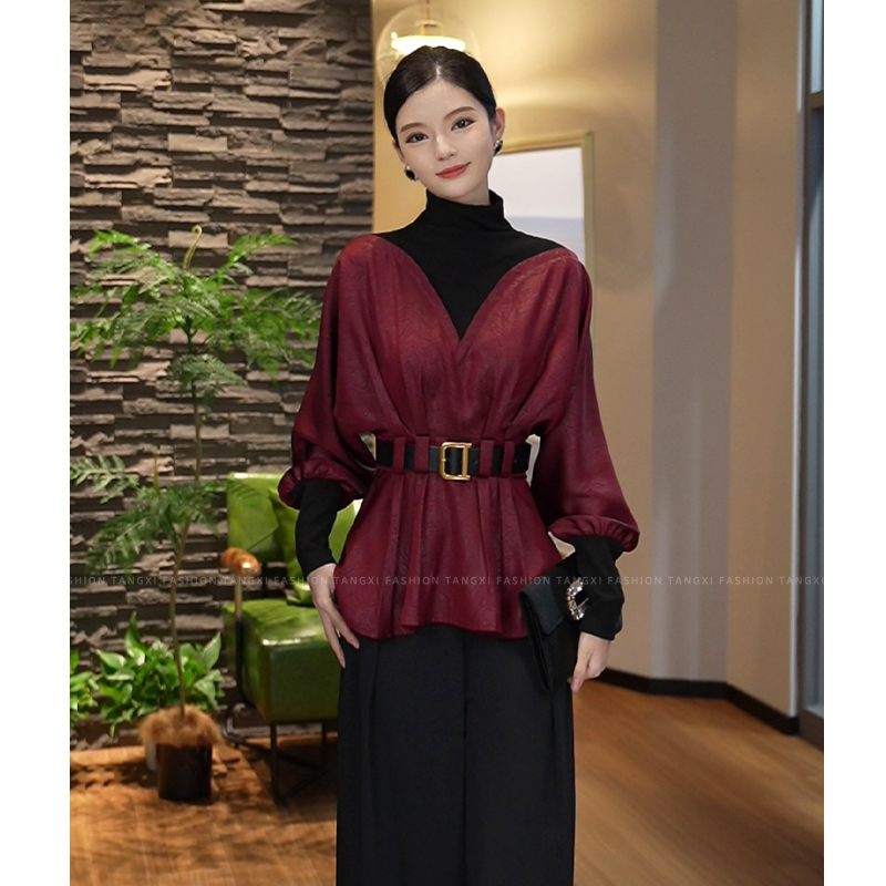 2025秋冬新款【H24-Q191】气质时尚轻奢假两件酒红色衬衫上衣女