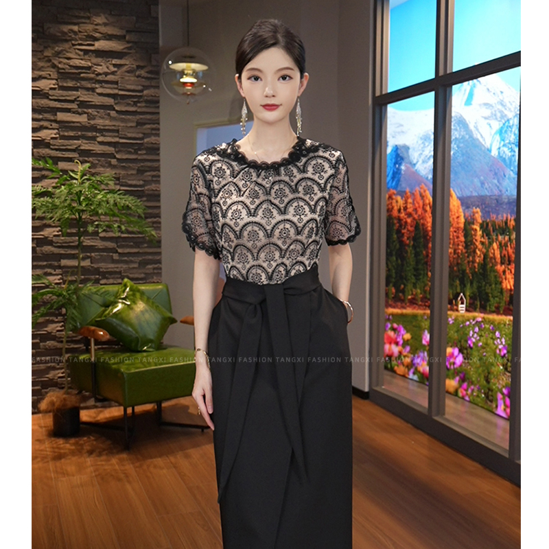 唐熹现货2025夏季新款【H24-X40】时尚优雅蕾丝拼接黑色收腰连衣裙