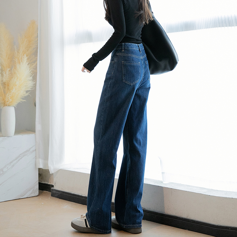 深蓝阔腿牛仔裤女直筒宽松2025年新款拖地垂感小个子梨形身材