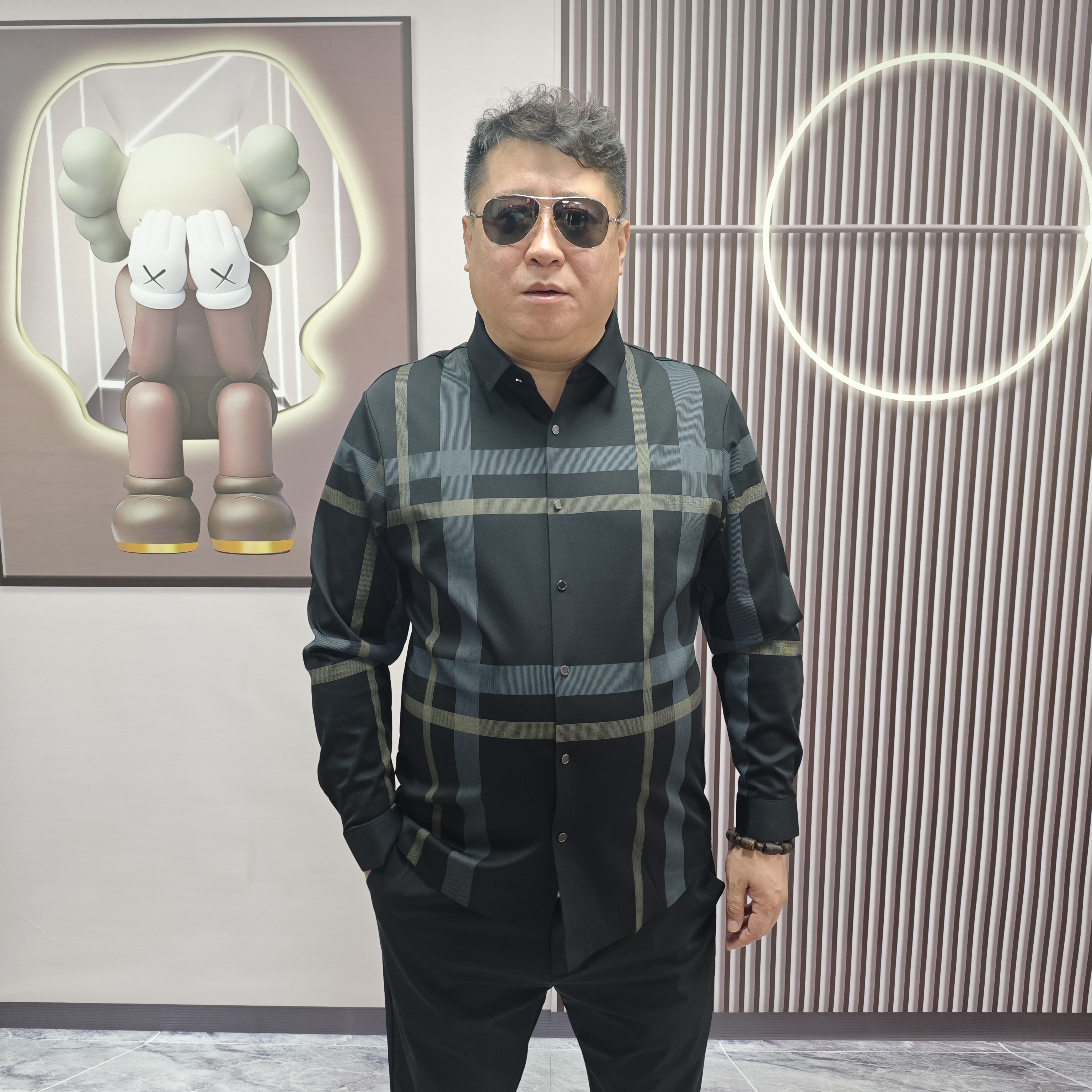 男款时尚经典大码百搭修身秋季格纹商务休闲修身衬衣男长袖衬衫DJ