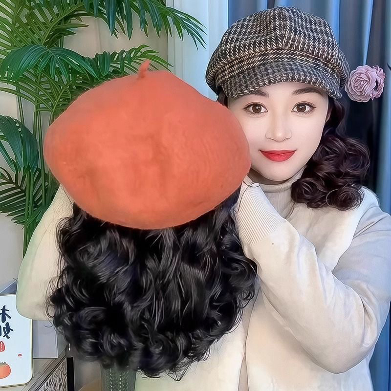 秋冬款帽子假发一体时尚砖红贝雷帽短卷发全头套优雅梨花卷假发帽