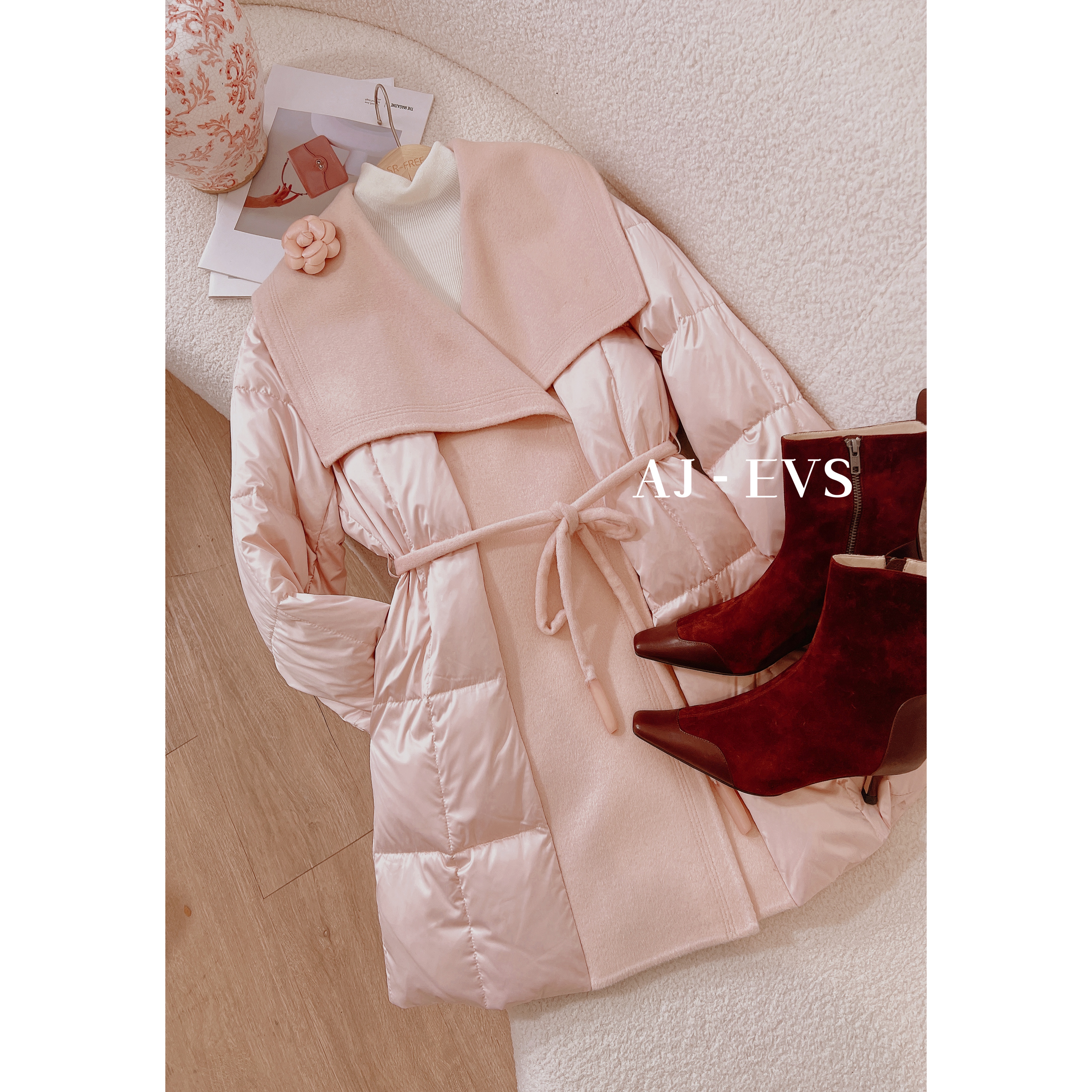 AJ-EVS【温柔魅力· 优雅重磅鹅绒拼接款加厚保暖羽绒服】