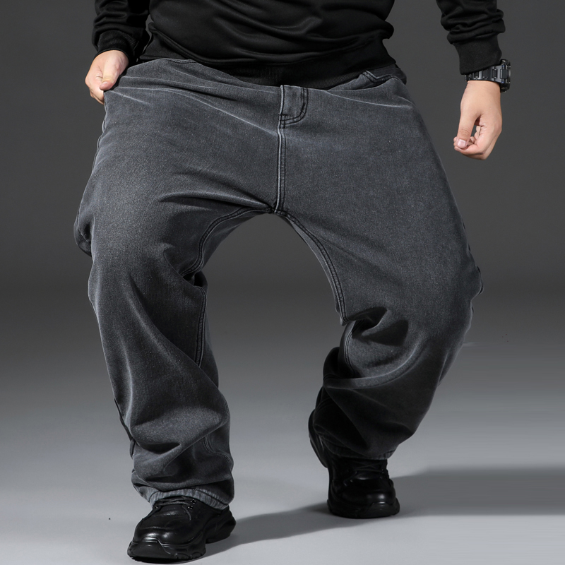 秋冬季休闲直筒牛仔裤男加绒宽松高腰加肥加大码时尚胖子中年爸爸