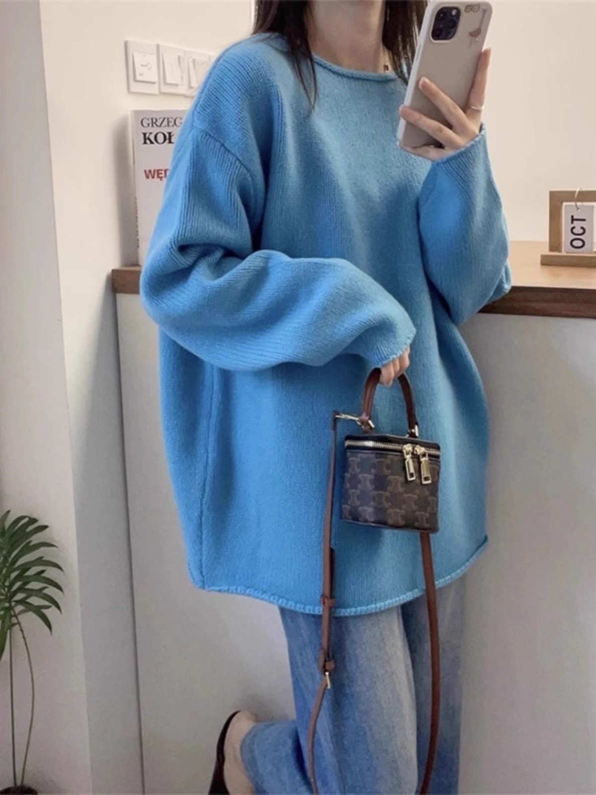 卷边圆领毛衣女宽松外穿秋季新款韩版慵懒风气质针织衫套头上衣服