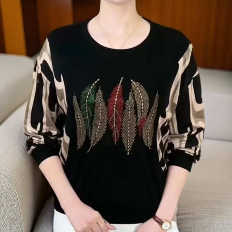 烫钻拼接显瘦打底女春秋季新款宽松大码200斤长袖T恤妈妈女装圆领