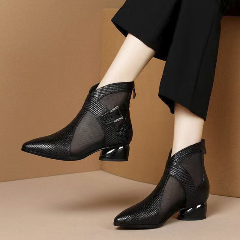 真皮中跟网靴镂空网纱凉靴2025春新款凉鞋女粗跟大码女网面罗马鞋