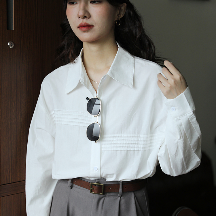 灰色春秋长袖纯色衬衫女设计感复古通勤时尚百搭宽松上衣衬衣外套