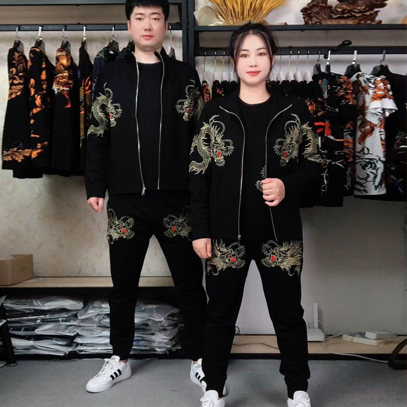 男士秋冬季刺绣双龙金龙时尚休闲套装两件套三件套新款国风金龙潮
