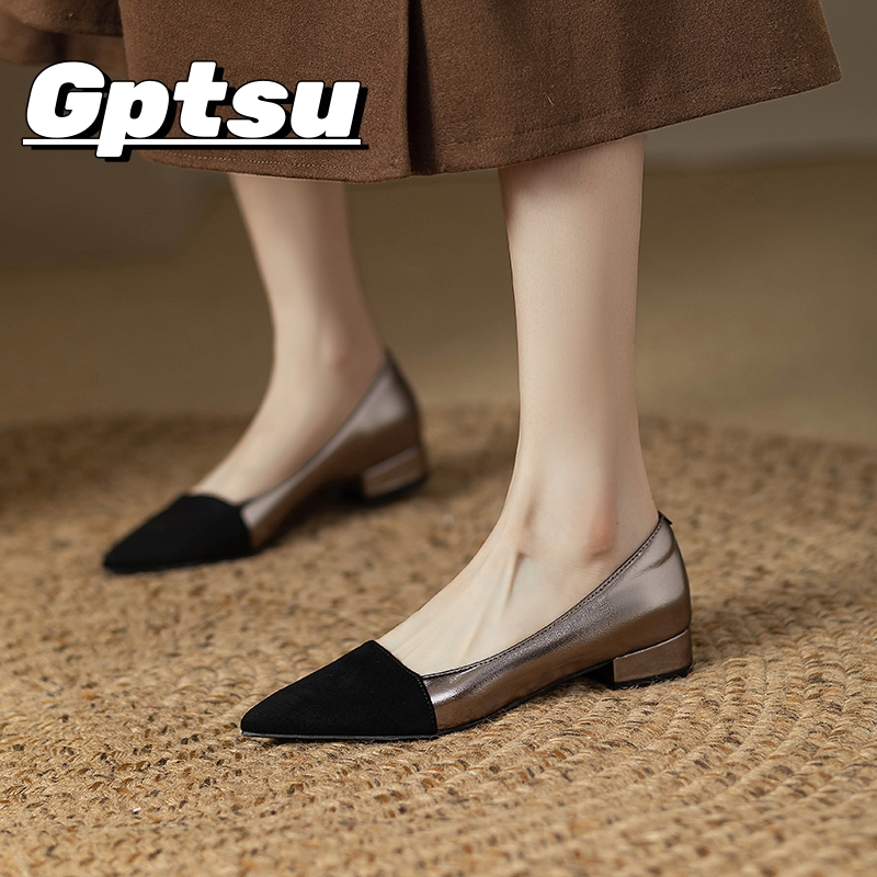 GPTSu法式银色小香风拼色浅口单鞋女夏秋真皮粗跟2cm软底尖头皮鞋