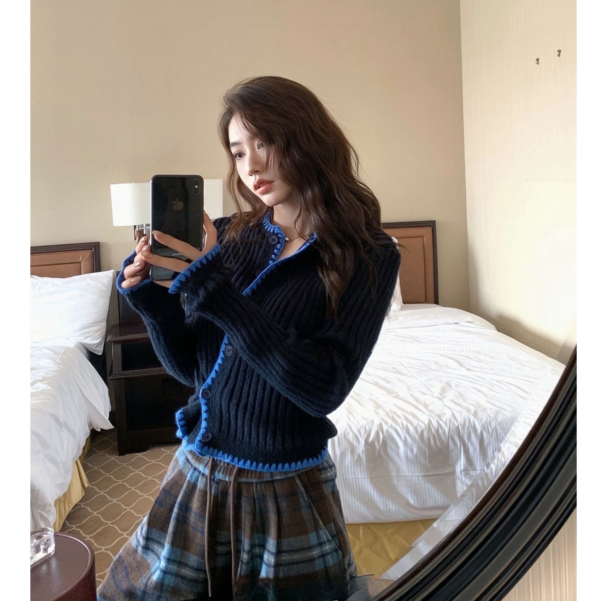 INS CEC秋季新款韩系不规则短款针织开衫格纹抽绳阔腿休闲裤套装