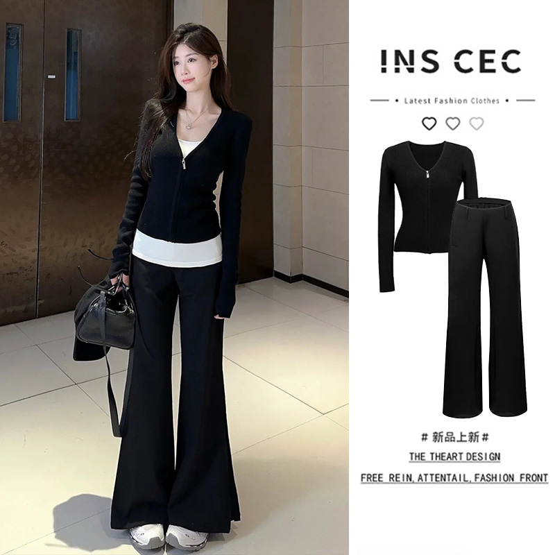 INS CEC春秋新款黑色高级拉链针织外套吊带穿搭上衣休闲裤两件套