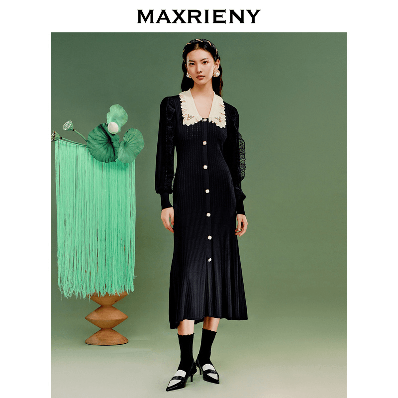 鱼戏莲叶间|MAXRIENY法式复古连衣裙针织裙荷叶v领鱼尾裙