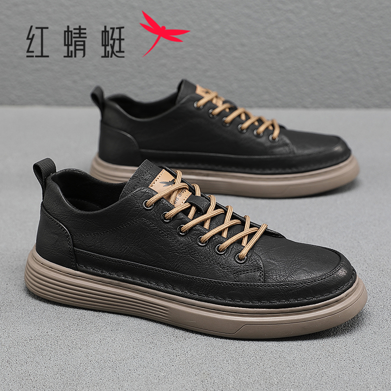红蜻蜓休闲皮鞋男士2025秋季新款官方正品板鞋百搭黑色真皮男鞋子
