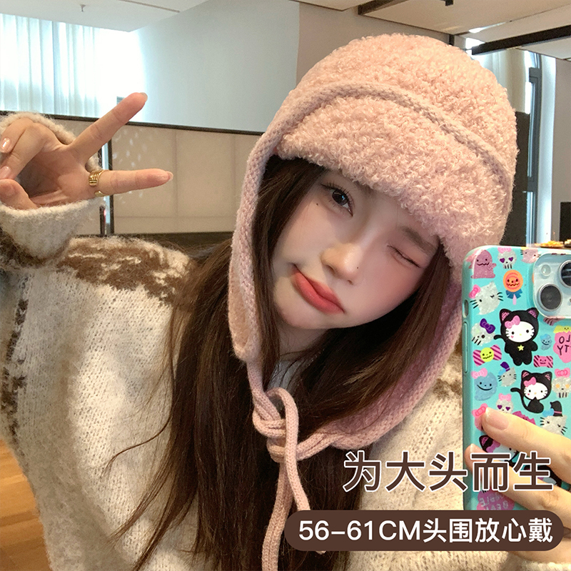 大头星球2024年冬护耳毛绒帽防寒保暖大头围帽子