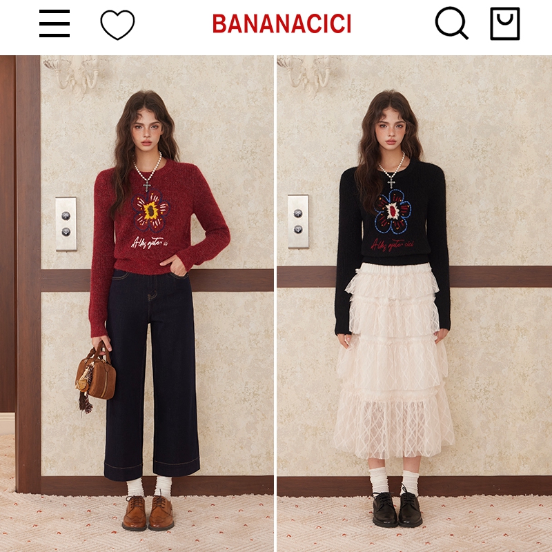 BANANA CICI2025年秋冬幸运花手工绣花针织衫新年红套头毛衣