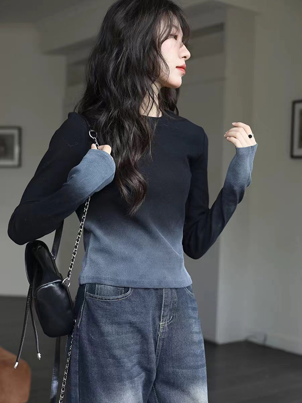 秋季黑色渐变修身紧身内搭打底衫2024新款上衣正肩短款长袖t恤女