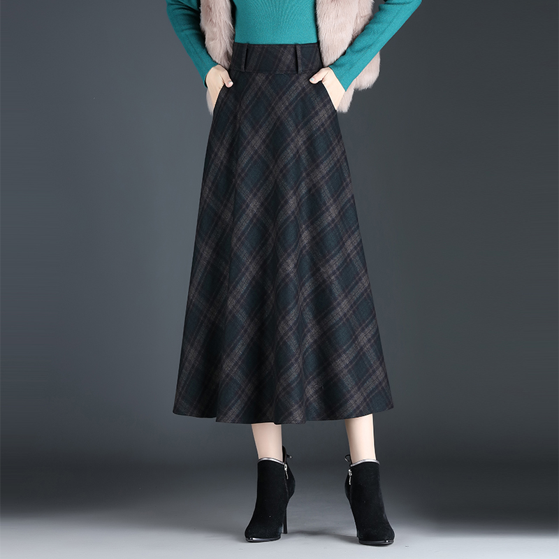 毛呢格子半身裙高腰a字中长款冬裙复古大码遮胯大摆裙子秋冬长裙