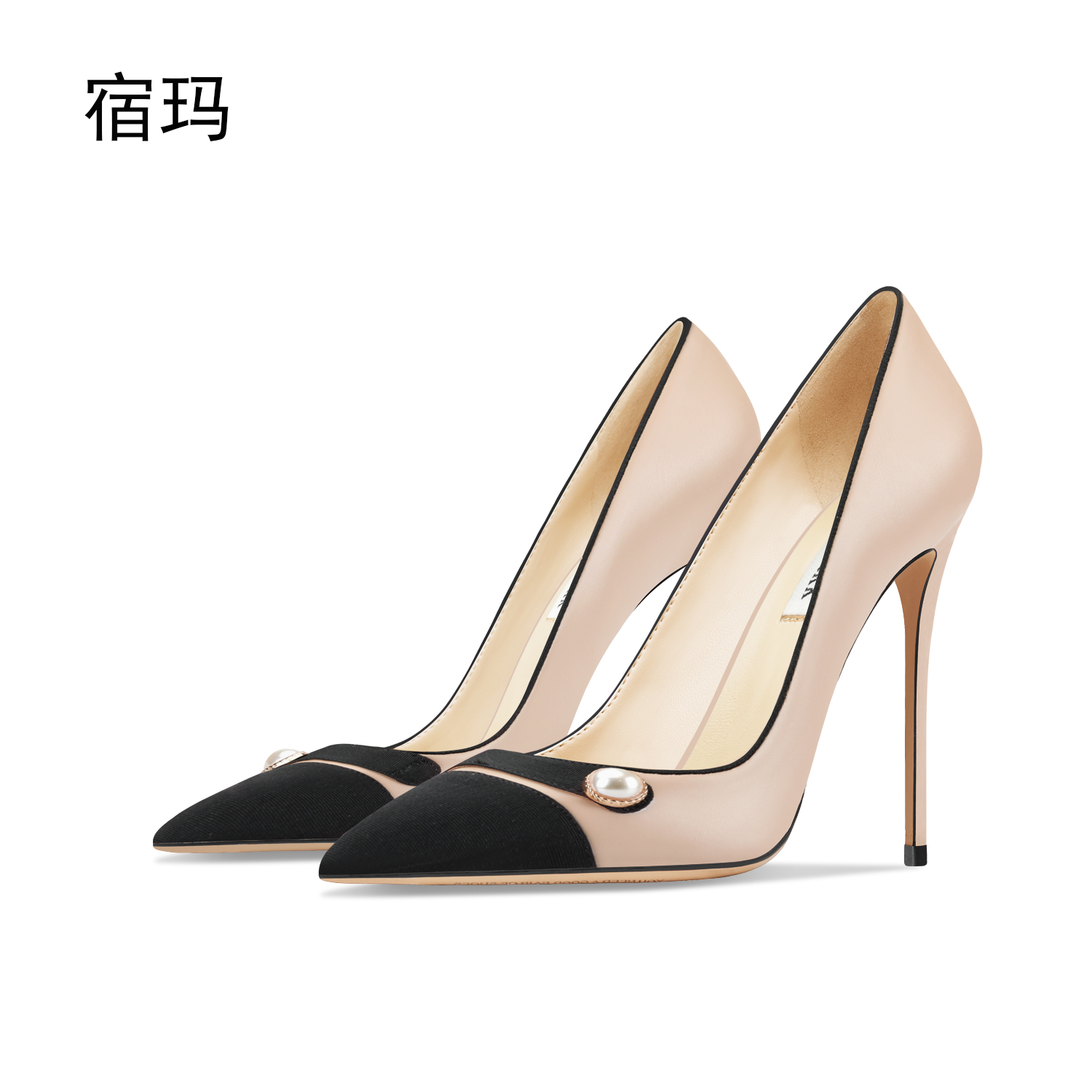 裸色拼接珍珠扣高跟鞋女2025年新款爆款细跟尖头浅口拼色百搭单鞋