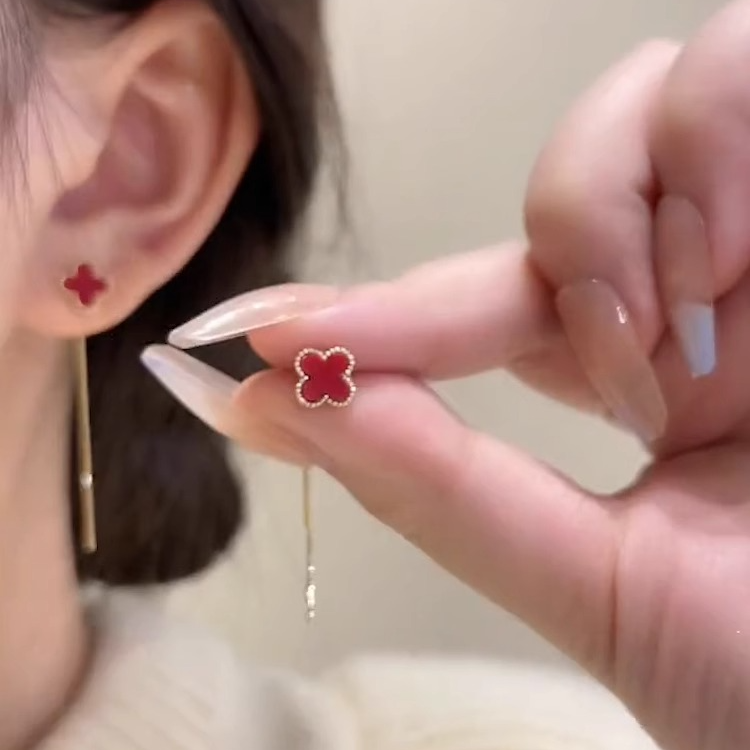 四叶草长款流苏耳线女轻奢小众设计感高级红色耳环2024年新款耳饰