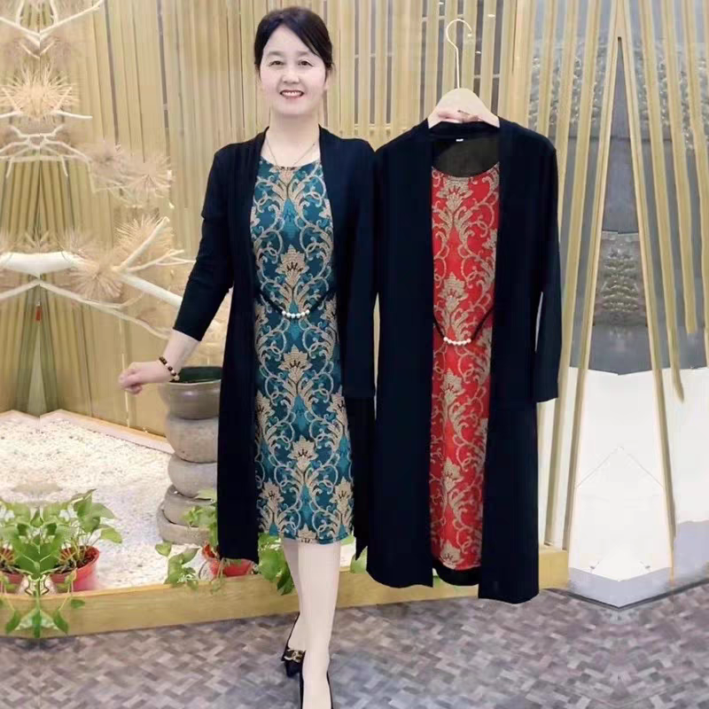 时尚洋气网红气质显瘦百搭妈妈装假两件长袖中长款连衣裙印花春秋