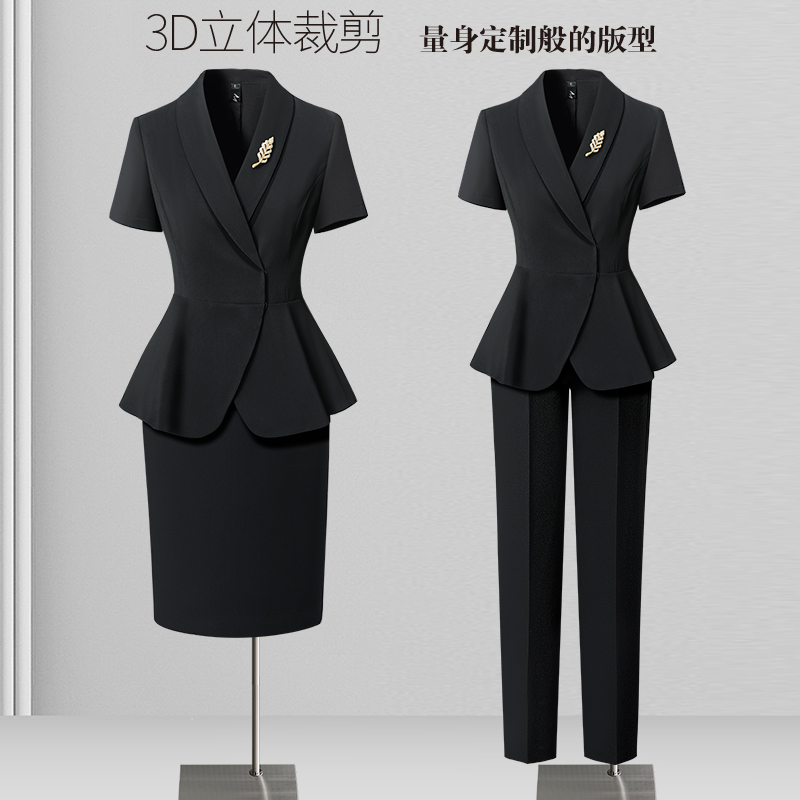 夏季珠宝店薄款短袖黑色职业气质酒店前台正装西装套装女装
