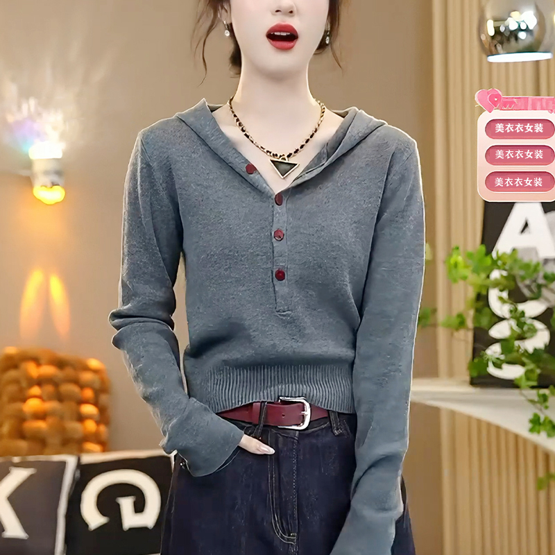 秋季新款长袖短款连帽针织衫女韩版洋气小个子显瘦打底毛衣上衣潮