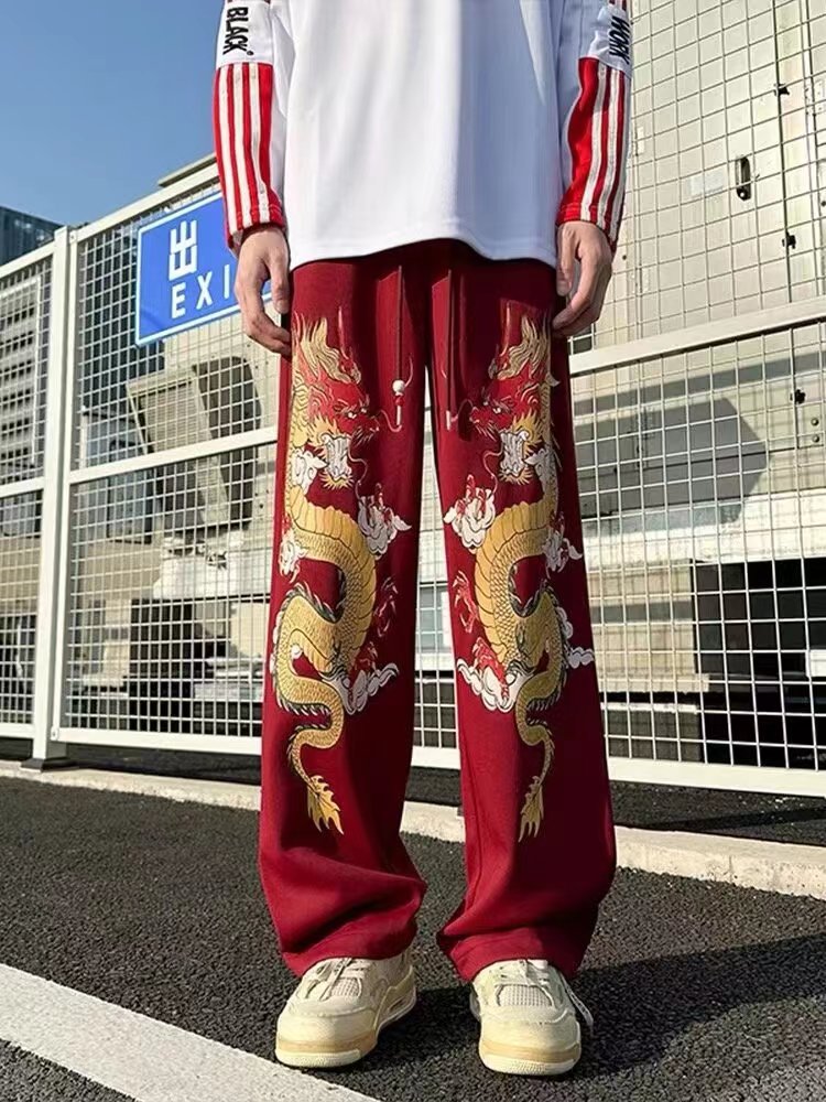 大码休闲裤男春秋新款龙年红色宽松阔腿裤男印花直筒裤街头运动裤