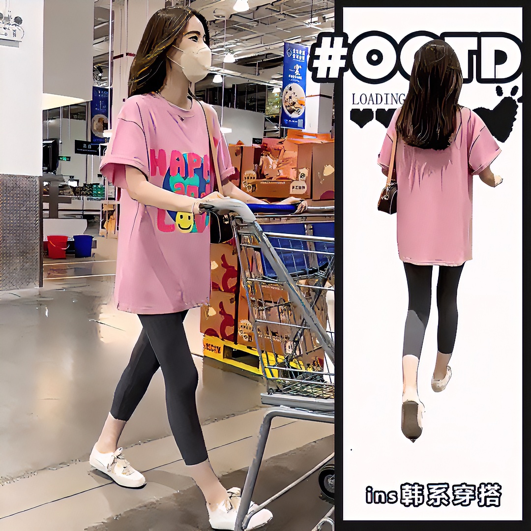 减龄洋气短袖t恤女打底中长款上衣遮肚子显瘦美式宽松粉色T恤