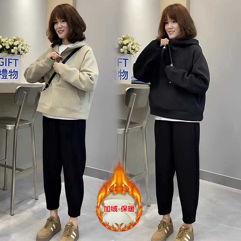 时尚套装秋冬新款时尚加绒加厚连帽卫衣高腰休闲阔腿裤减龄两件套
