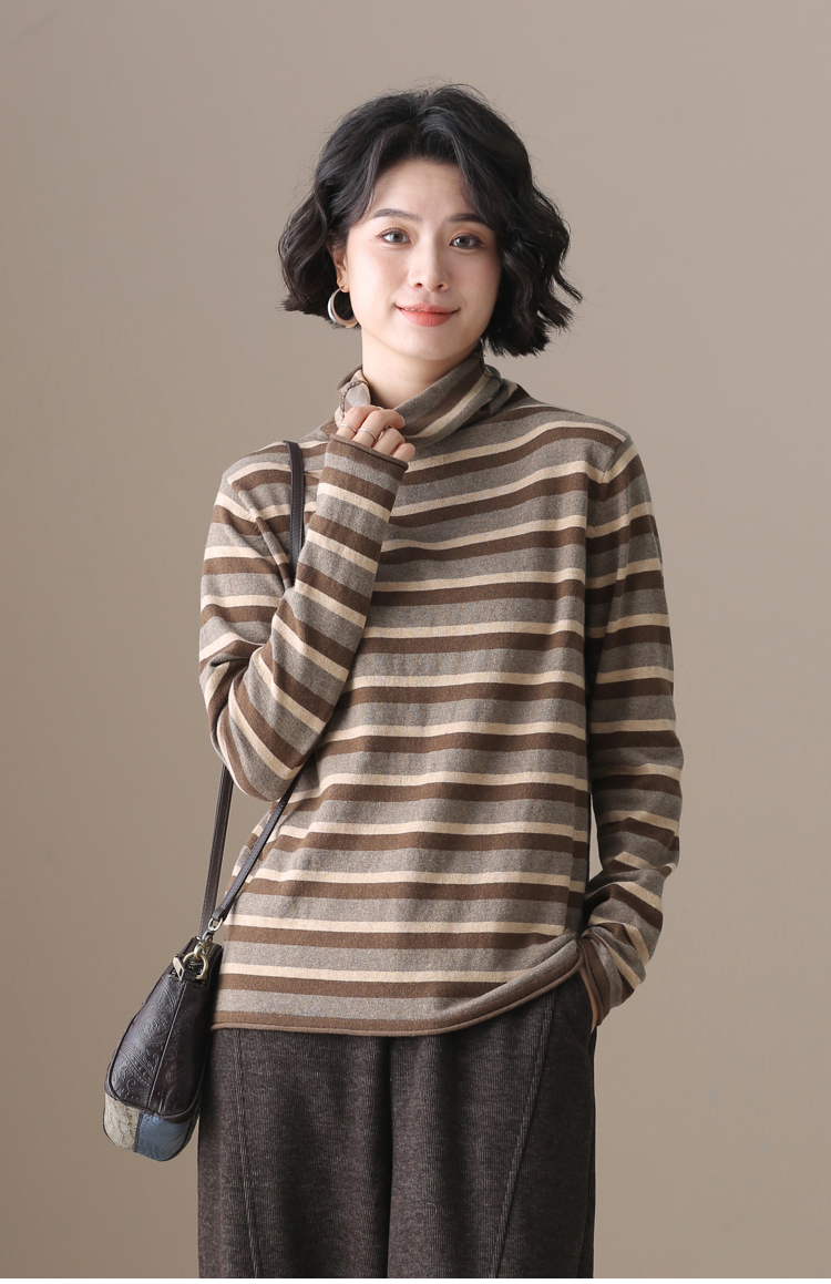 左耳左岸 纯棉不起球 堆堆领打底衫女2024新款套头条纹宽松针织衫