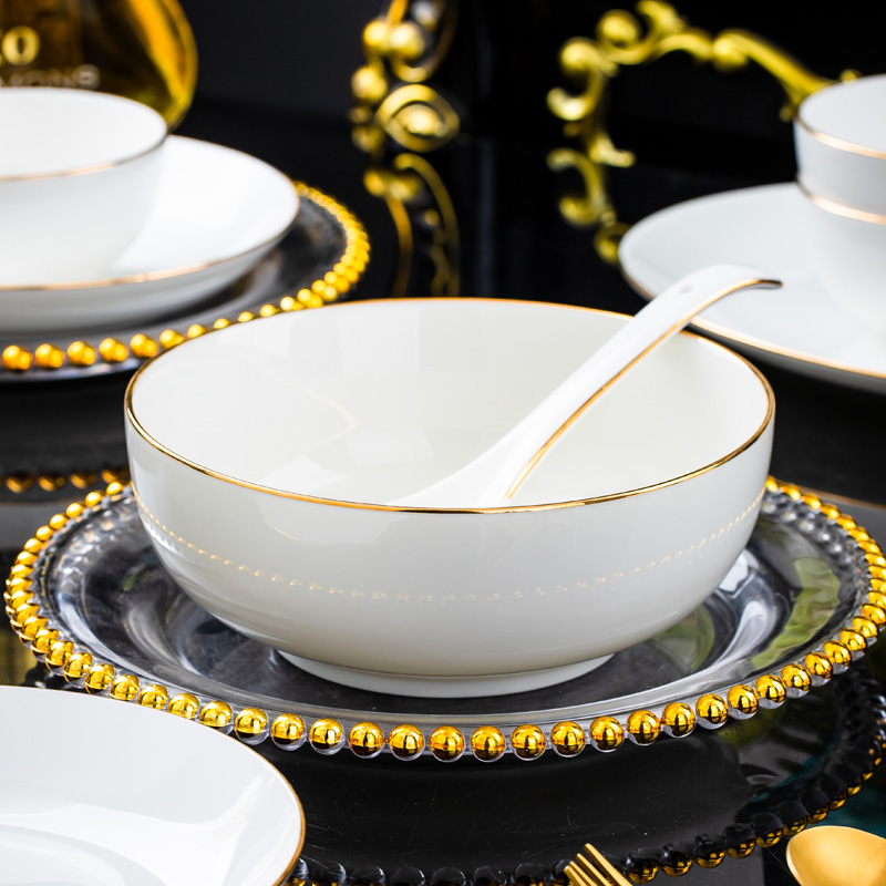 金色年华8英寸汤碗1个+大勺1个景德镇陶瓷碗盘餐具大号家用泡面碗