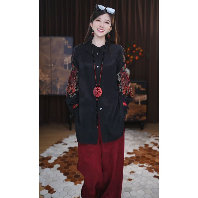 高级感重工提花刺绣纯色衬衫女欧洲站2025春秋新款百搭单排扣衬衣