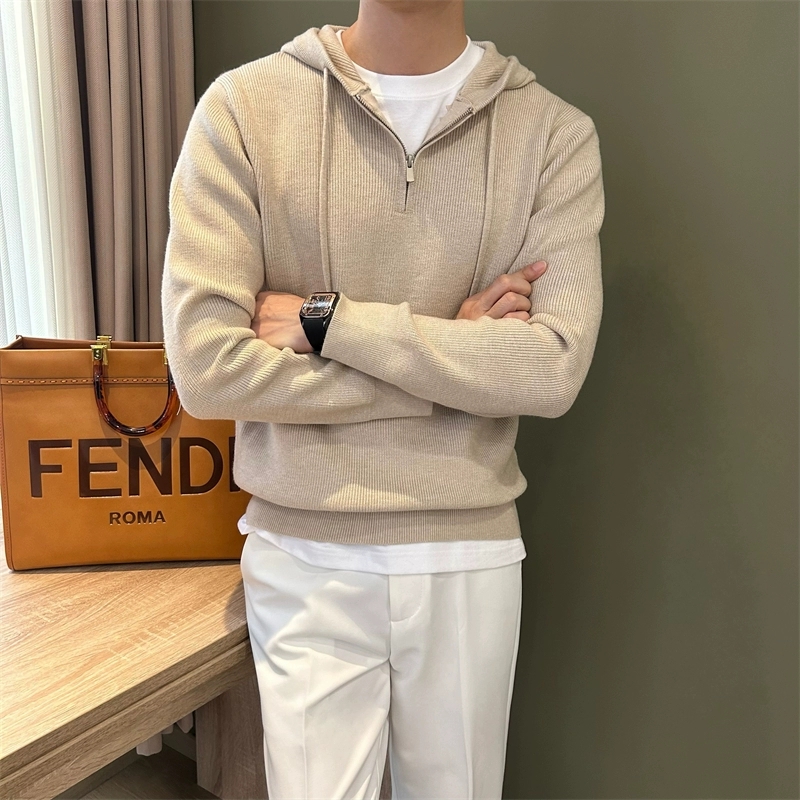 半拉链毛衣男士男款男生春秋季连帽针织衫设计感打底衫连帽毛衣男