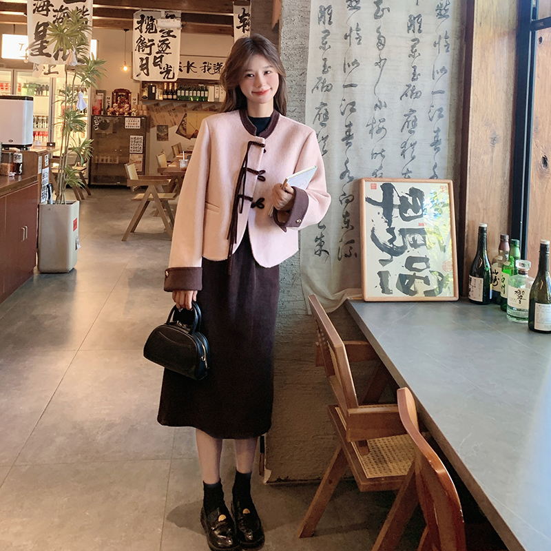 新中式国风毛呢套装裙女2025秋冬新款双面呢盘扣上衣半身裙两件套