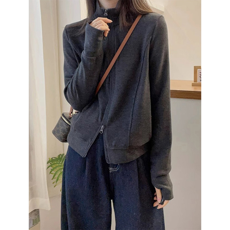 欧货高级感灰色双拉链立领卫衣开衫外套女显瘦洋气小个子早秋外套