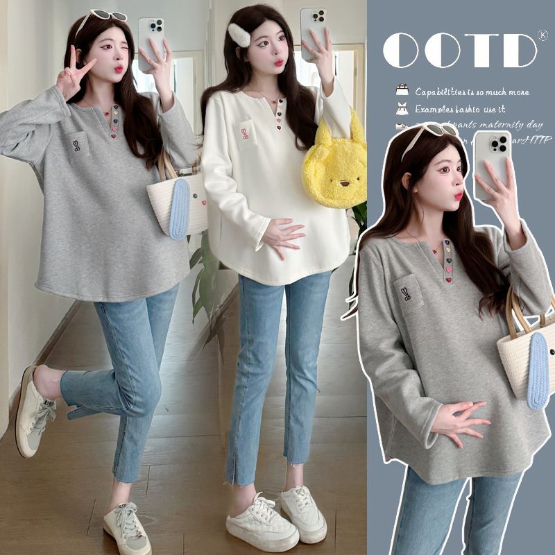 2025春秋季新款孕妇休闲V领时尚甜美刺绣宽松洋气孕妇T恤长袖卫衣