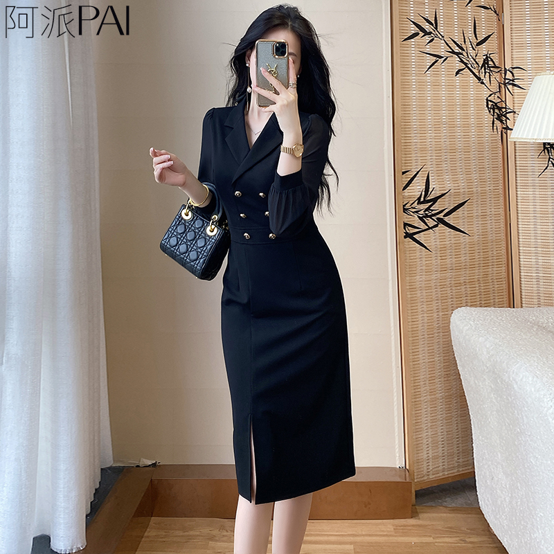 秋冬新款高档黑色长袖西装连衣裙职业气质通勤西装收腰修身一步裙