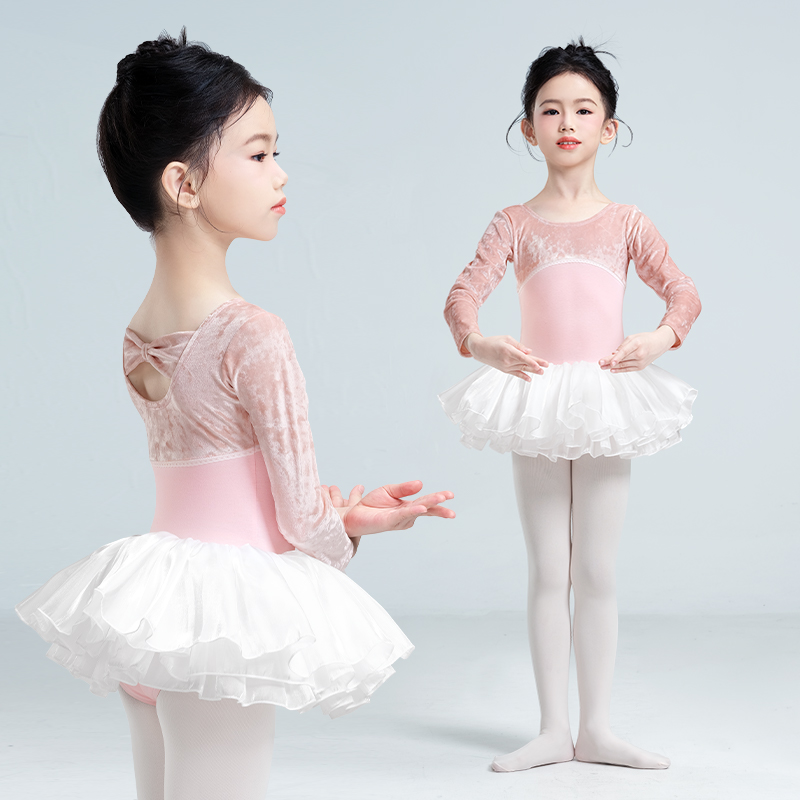 儿童舞蹈服女春秋长袖芭蕾练功服拼绒撞色连体服金丝绒考级连体裙