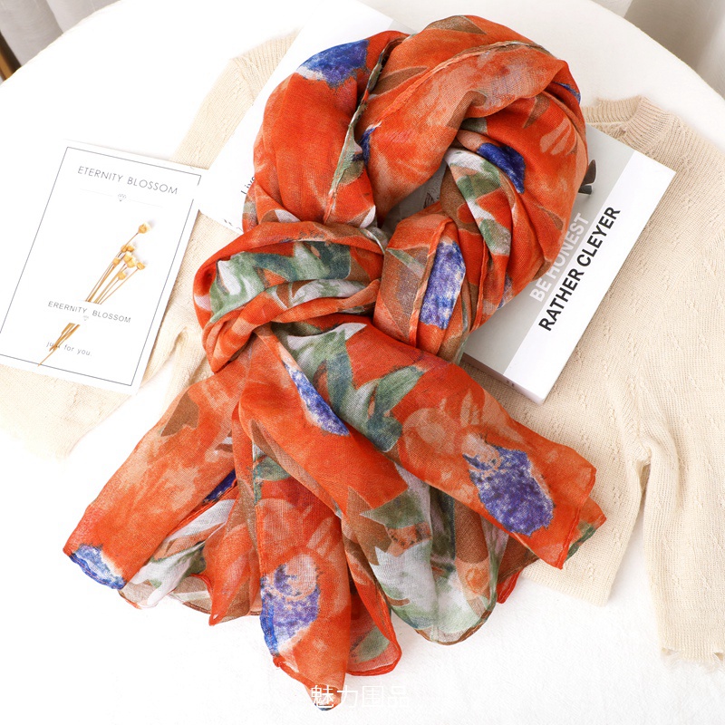 秋冬季中老年人巴厘纱棉感保暖护颈围巾180*90CM大尺寸薄披肩丝巾