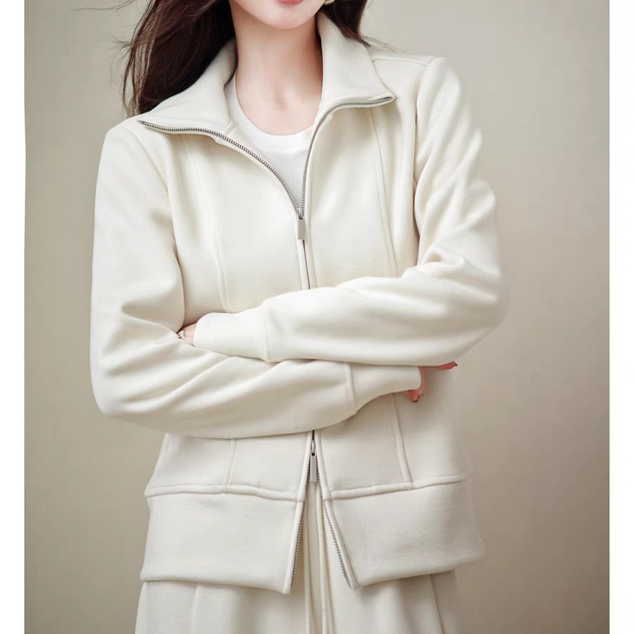 双头拉链立领秋冬加绒白色外套阔腿裤时尚休闲套装