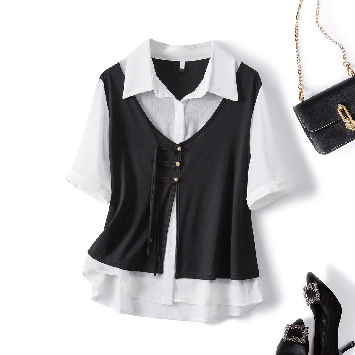 63140大码女装2025年夏季新款微胖妹妹小众假两件遮肚显瘦衬衫女