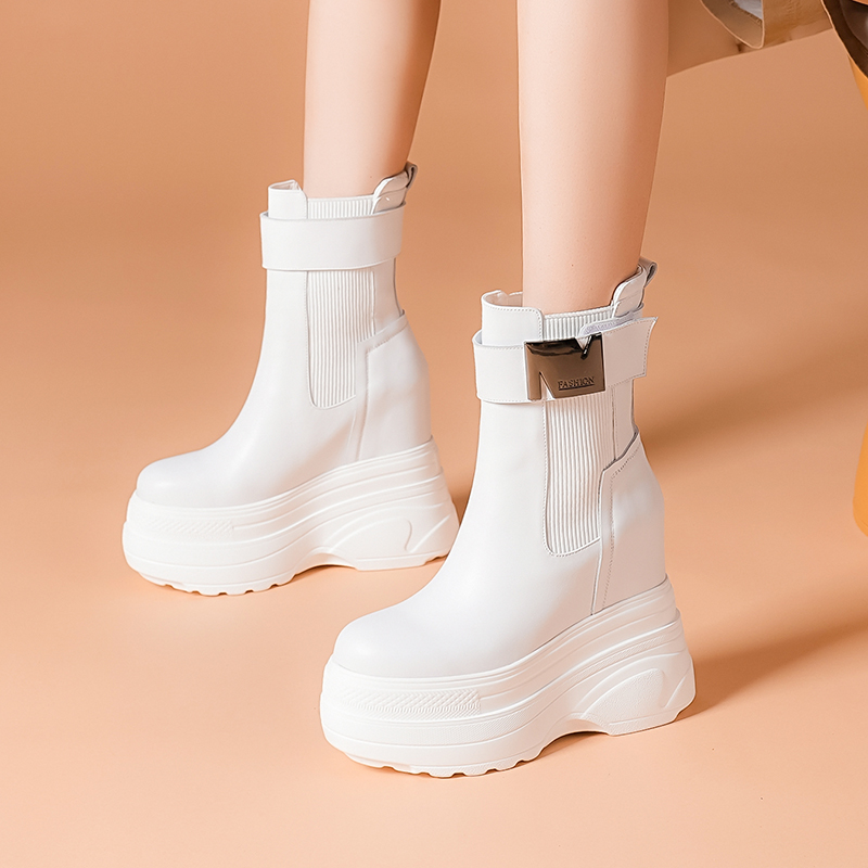 秋冬内增高14cm烟筒靴闲爆款白色高跟厚底百搭冬季短靴英伦风靴子