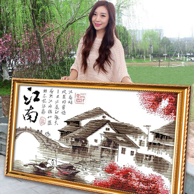 忆江南水墨画2025年新款自己手工刺绣十字绣线绣高端大气客厅字画