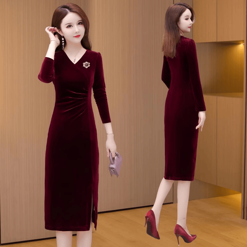 【送胸针】水晶绒轻奢小众高级感女装连衣裙2025新款早秋喜婆婆裙子