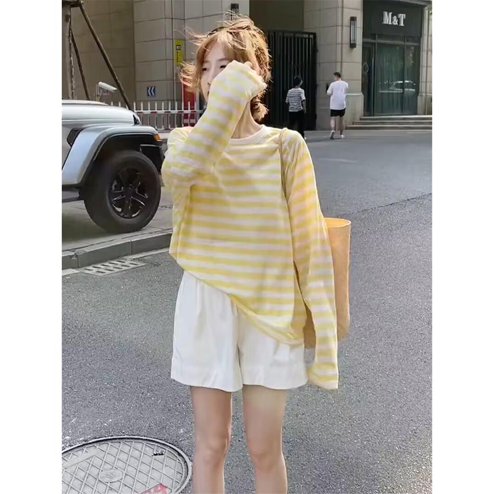 雪千羽条纹长袖T恤女2025新款夏休闲宽松外搭薄款防晒衣罩衫上衣