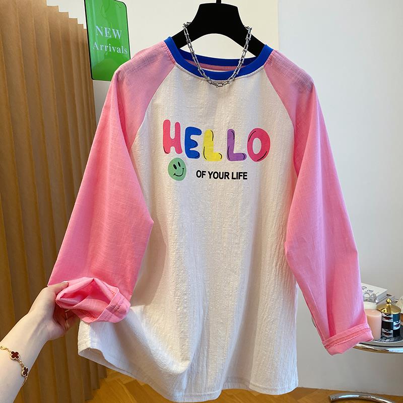 雪千羽大码胖MM撞色拼接长袖T恤女早秋2024新款粉色减龄宽松上衣