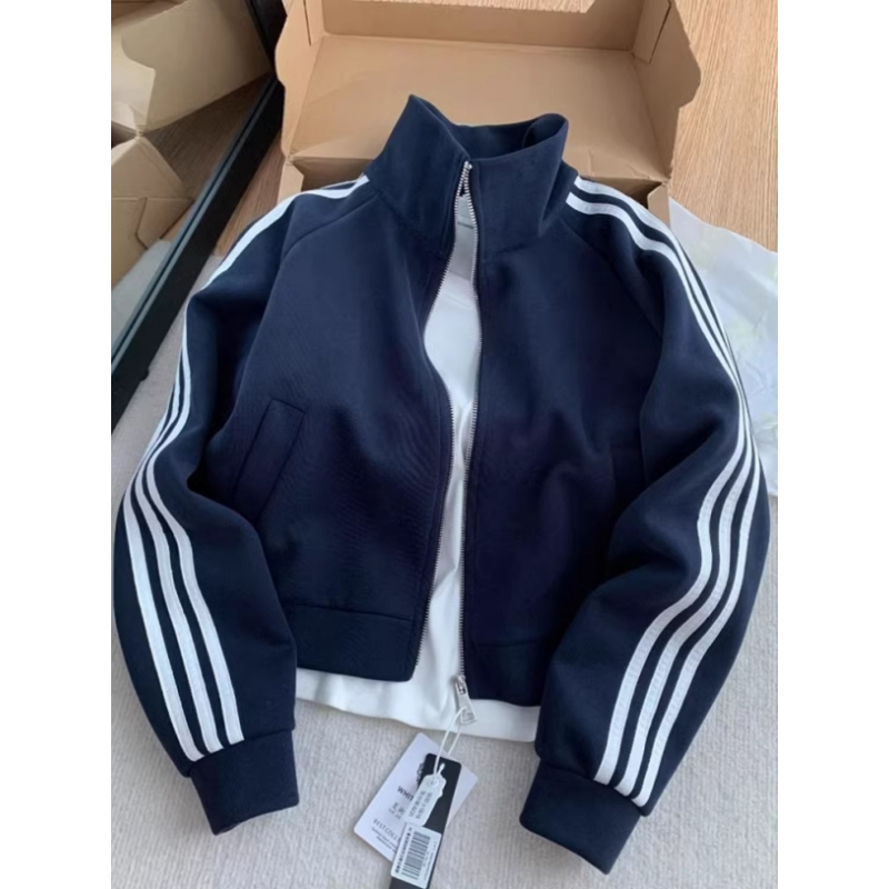 雪千羽早秋三条杠短款卫衣女棒球服2025秋冬运动休闲立领拉链外套