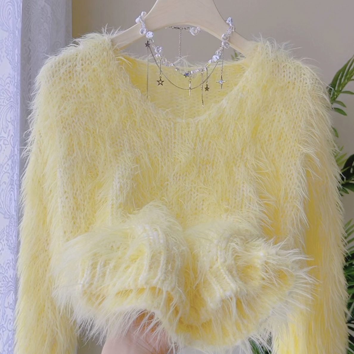 Cq146仿水貂绒V领套头针织衫上衣女短款外穿宽松软糯慵懒毛衣