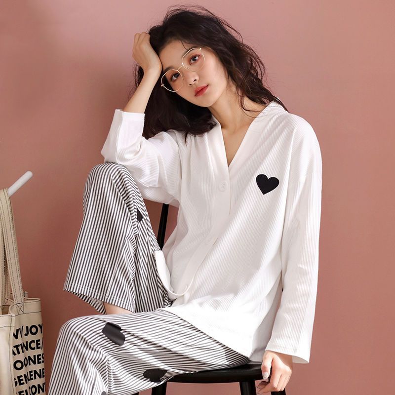 新款简约睡衣女春秋款全棉长袖白色开衫家居服休闲大码可外穿套装
